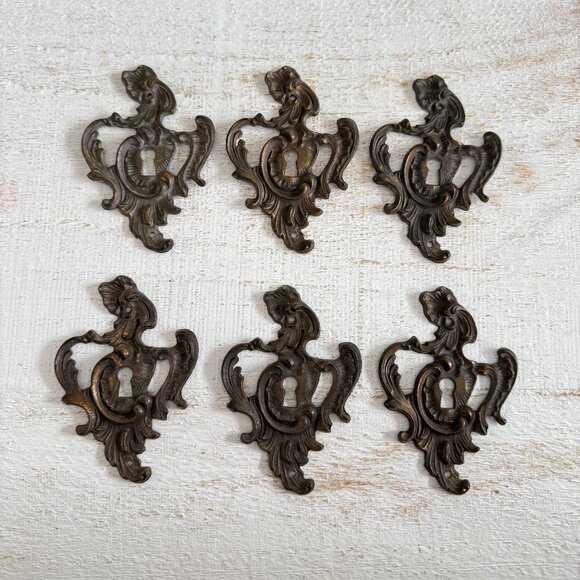 Antique Keeler Brass Co. Skeleton Keyhole Cover Plates Set of 6 - Picture 1 of 11